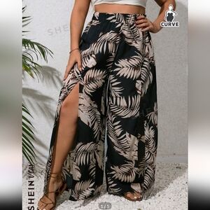 SheIn VCAY Plus Tropical Print Split Thigh Wide Leg Summer Pants, 2XL